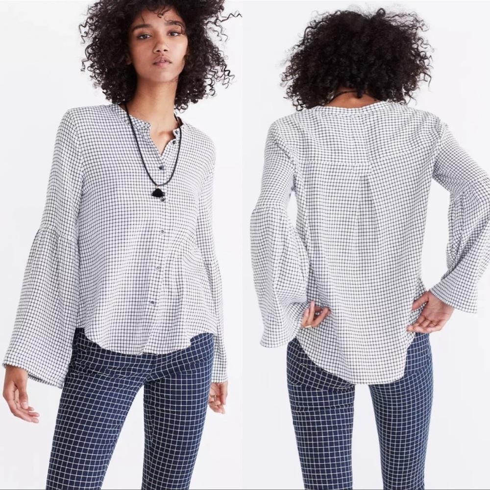 Madewell Bell Sleeve Button-Down Shirt in Windowpane Size Medium